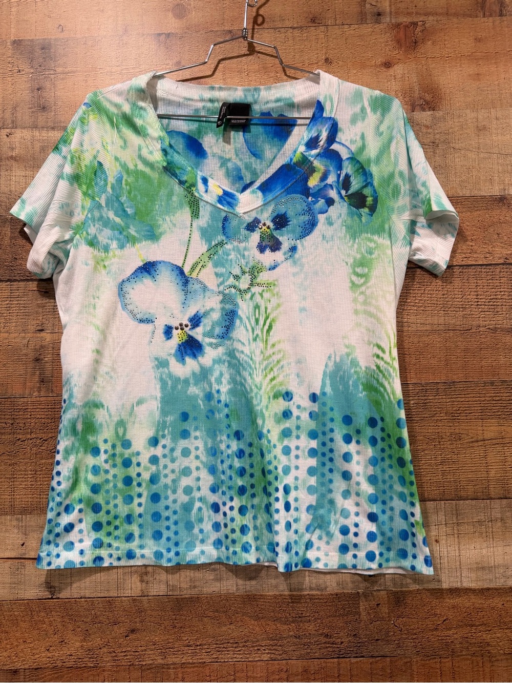 new directions Blue & Green Floral V-Neck Short Sleeve Tee Size 2X
